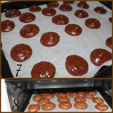 Trasferire la preparazione in un sac à poche con una bocchetta tonda e mettere i macarons in una teglia ricoperta di carta da forno. Lasciare asciugare per circa 30 minuti\1 ora all'aria (foto7). Cuocere i macarons in forno a 150° (foto8).