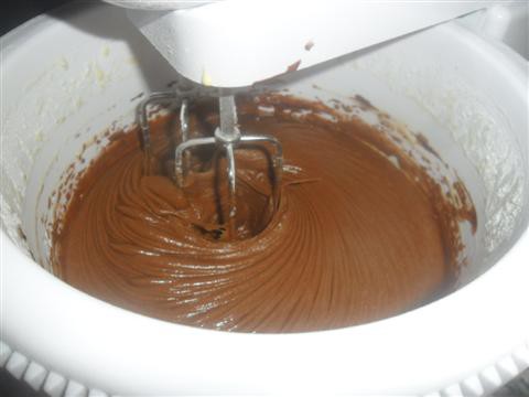 Con un flullatore montare i rossi con lo zucchero e versare il cioccolato precedentemente sciolto. Mescolare per circa due minuti, aggiungere il latte, la farina con il lievito setacciati fino ad ottenere un impasto liscio e omogeneo. Unire poco alla volta gli albumi montati precedentemente a neve e mescolare delicatamente dall'alto verso il basso.