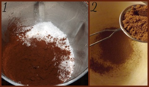 Inserire le mandorle in polvere, lo zucchero a velo e il cacao nel robot, ridurre quindi ulteriormente il tutto in polvere fine (foto1). Passare il composto al setaccio, deve risultare sottile ed asciutto (foto 2).