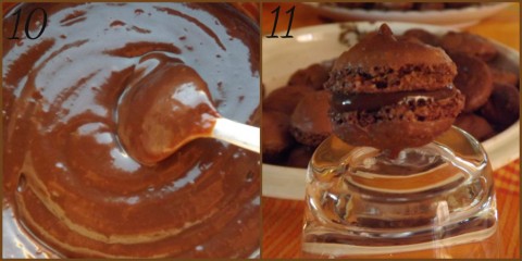 Preparare nel frattempo la crema, mischiare la nutella con la crema alla vaniglia e il latte, dovrete ottenere una crema fluida (foto10). Farcire i macarons con la crema (foto11).