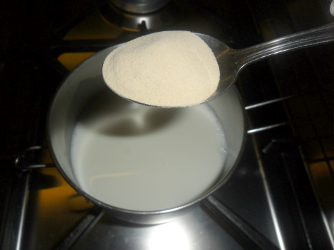 Se utilizzate l'agar in polvere dovete versare il latte in un pentolino insieme l'agar e portate quasi a bollore mescolando di continuo.
