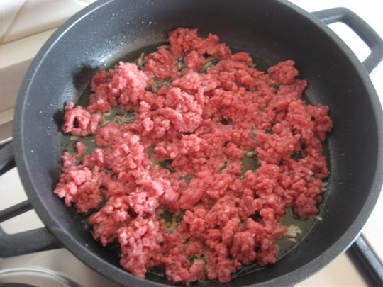 In un'ampia padella far leggermente imbiondire la cipolla tagliata a pezzetti nell'olio, aggiungere la carne macinata e farla cuocere giusto un minuto,